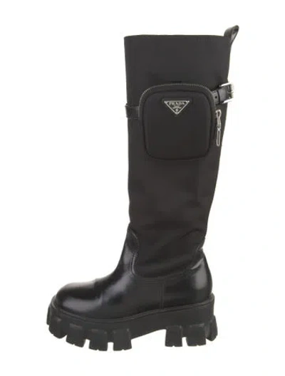 Pre-owned Prada Enameled Metal Triangle Leather Boots In Black