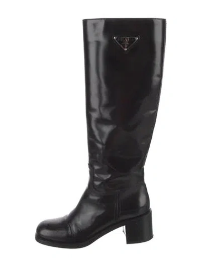 Pre-owned Prada Enameled Metal Triangle Leather Boots In Black