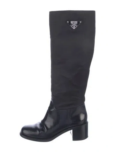 Pre-owned Prada Enameled Metal Triangle Leather Boots In Blue