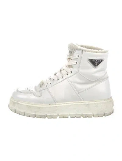 Pre-owned Prada Enameled Metal Triangle Leather Boots In White