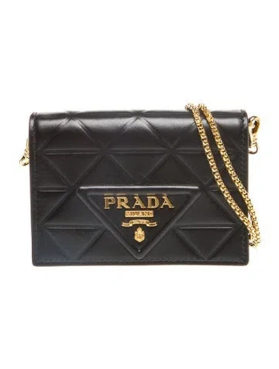 Pre-owned Prada Enameled Metal Triangle Leather Card Holder W/ Tags In Black
