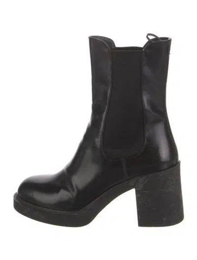 Pre-owned Prada Enameled Metal Triangle Leather Chelsea Boots In Black