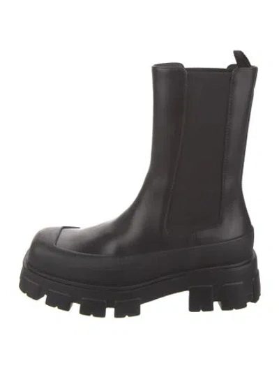 Pre-owned Prada Enameled Metal Triangle Leather Chelsea Boots In Black