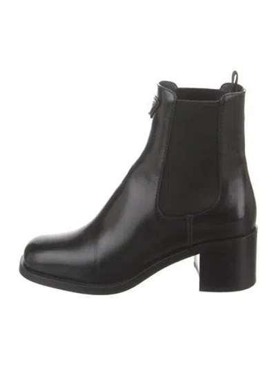 Pre-owned Prada Enameled Metal Triangle Leather Chelsea Boots In Black