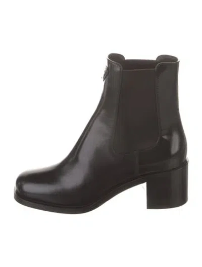 Pre-owned Prada Enameled Metal Triangle Leather Chelsea Boots In Black