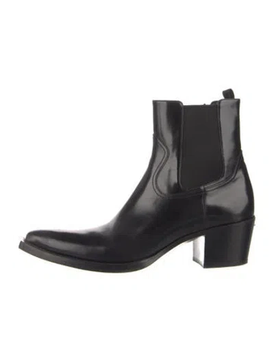 Pre-owned Prada Enameled Metal Triangle Leather Chelsea Boots In Black
