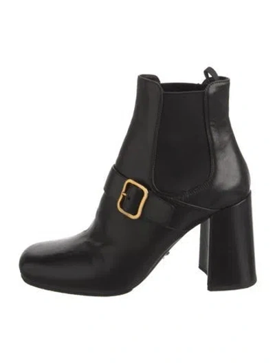 Pre-owned Prada Enameled Metal Triangle Leather Chelsea Boots In Black