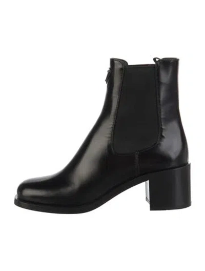 Pre-owned Prada Enameled Metal Triangle Leather Chelsea Boots In Black