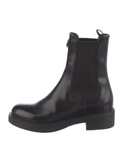 Pre-owned Prada Enameled Metal Triangle Leather Chelsea Boots In Blue