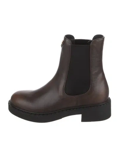 Pre-owned Prada Enameled Metal Triangle Leather Chelsea Boots In Brown