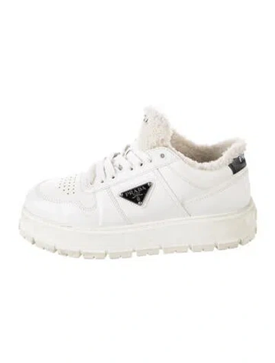 Pre-owned Prada Enameled Metal Triangle Leather Chunky Sneakers In Neutral