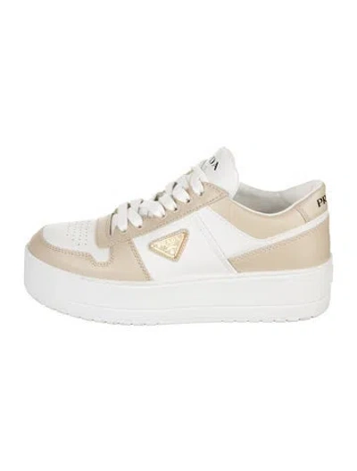 Pre-owned Prada Enameled Metal Triangle Leather Chunky Sneakers In Neutrals