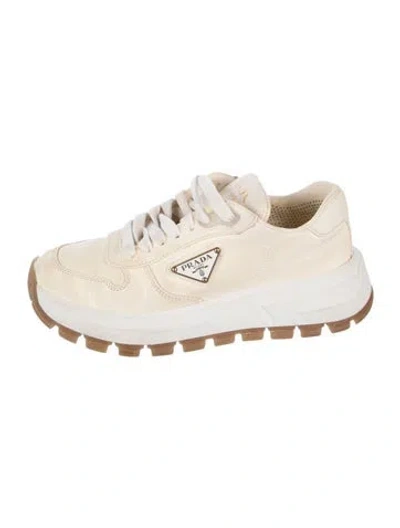 Pre-owned Prada Enameled Metal Triangle Leather Chunky Sneakers In Neutrals