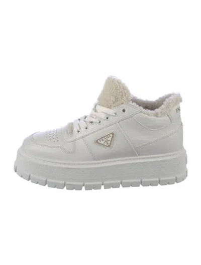 Pre-owned Prada Enameled Metal Triangle Leather Chunky Sneakers W/ Tags In White