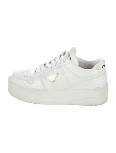 Pre-owned Prada Enameled Metal Triangle Leather Chunky Sneakers In White