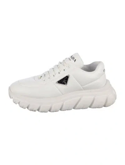 Pre-owned Prada Enameled Metal Triangle Leather Chunky Sneakers In White