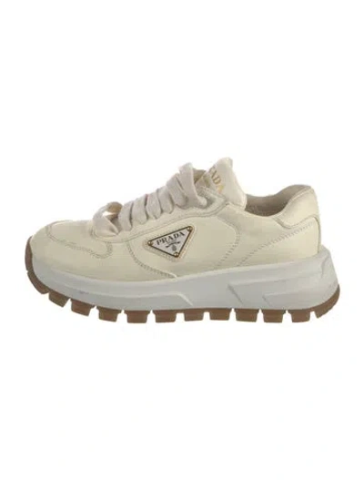 Pre-owned Prada Enameled Metal Triangle Leather Chunky Sneakers In White