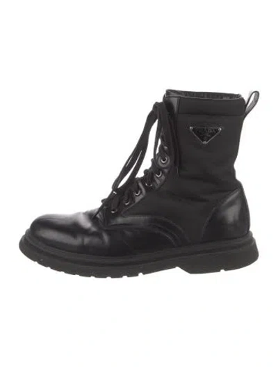 Pre-owned Prada Enameled Metal Triangle Leather Combat Boots In Black