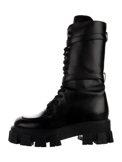 Pre-owned Prada Enameled Metal Triangle Leather Combat Boots In Black
