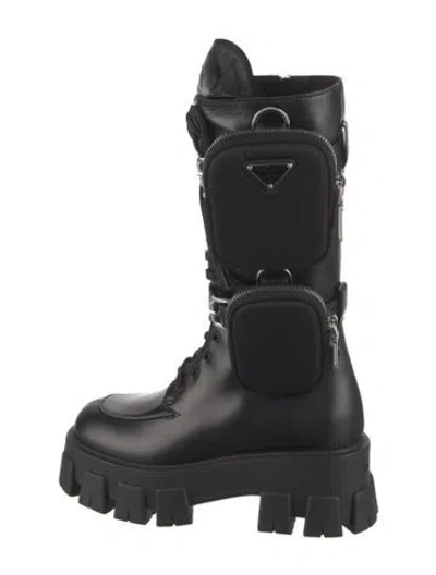 Pre-owned Prada Enameled Metal Triangle Leather Combat Boots In Black