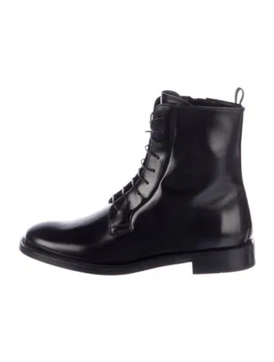 Pre-owned Prada Enameled Metal Triangle Leather Combat Boots In Black
