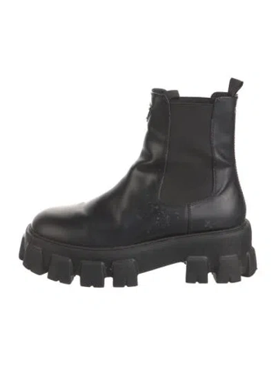 Pre-owned Prada Enameled Metal Triangle Leather Combat Boots In Black