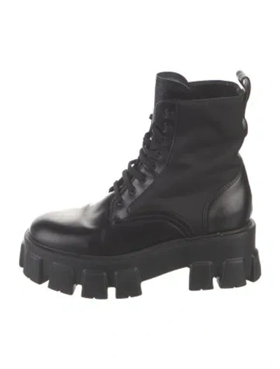 Pre-owned Prada Enameled Metal Triangle Leather Combat Boots In Black