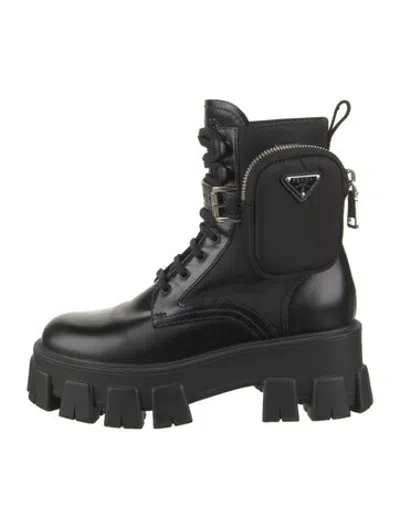 Pre-owned Prada Enameled Metal Triangle Leather Combat Boots In Black