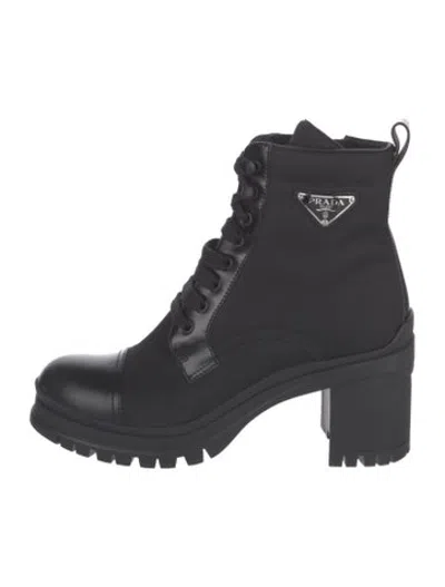 Pre-owned Prada Enameled Metal Triangle Leather Combat Boots In Black