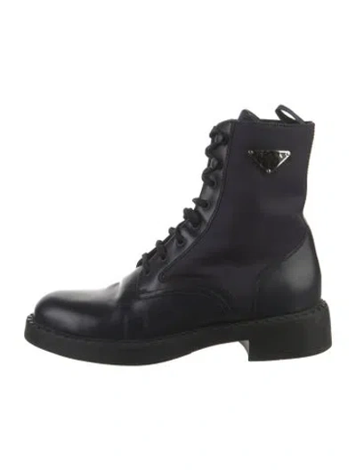 Pre-owned Prada Enameled Metal Triangle Leather Combat Boots In Multi