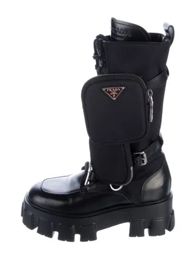 Pre-owned Prada Enameled Metal Triangle Leather Combat Boots In Multi