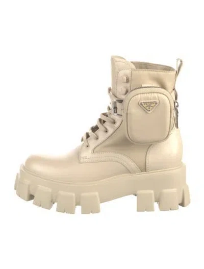 Pre-owned Prada Enameled Metal Triangle Leather Combat Boots In Neutral