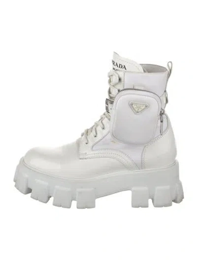 Pre-owned Prada Enameled Metal Triangle Leather Combat Boots In White