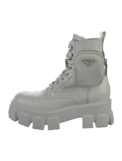 Pre-owned Prada Enameled Metal Triangle Leather Combat Boots In White