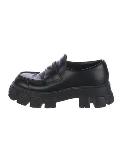 Pre-owned Prada Enameled Metal Triangle Leather Dress Loafers In Black