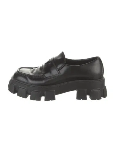 Pre-owned Prada Enameled Metal Triangle Leather Dress Loafers In Black