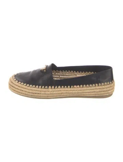 Pre-owned Prada Enameled Metal Triangle Leather Espadrilles In Black