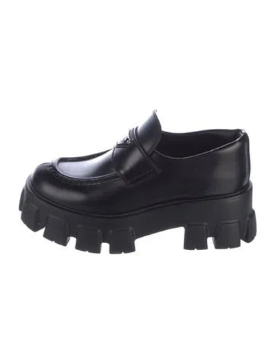 Pre-owned Prada Enameled Metal Triangle Leather Flats In Black