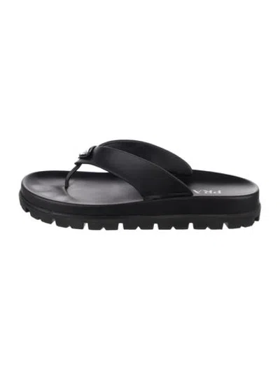 Pre-owned Prada Enameled Metal Triangle Leather Flip Flops In Black