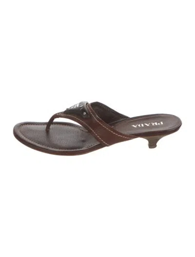 Pre-owned Prada Enameled Metal Triangle Leather Flip Flops In Brown