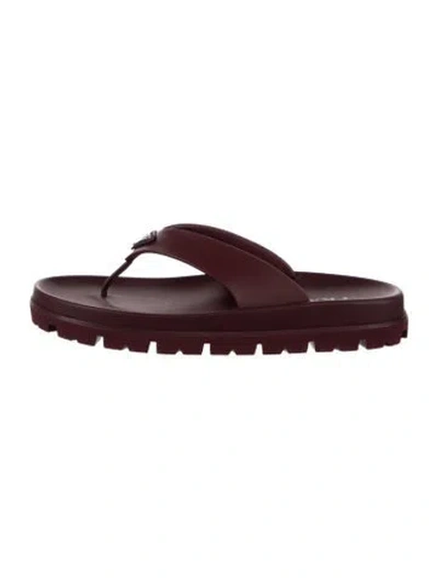 Pre-owned Prada Enameled Metal Triangle Leather Flip Flops In Burgundy