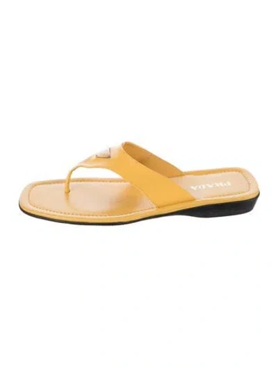 Pre-owned Prada Enameled Metal Triangle Leather Flip Flops In Yellow