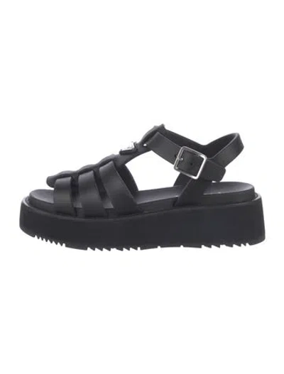 Pre-owned Prada Enameled Metal Triangle Leather Gladiator Sandals In Black