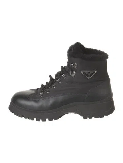 Pre-owned Prada Enameled Metal Triangle Leather Hiking Boots In Black