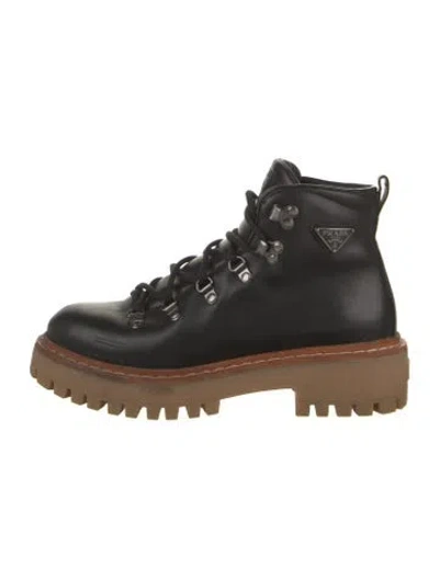 Pre-owned Prada Enameled Metal Triangle Leather Hiking Boots In Black