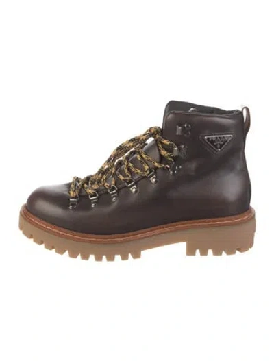 Pre-owned Prada Enameled Metal Triangle Leather Hiking Boots In Brown