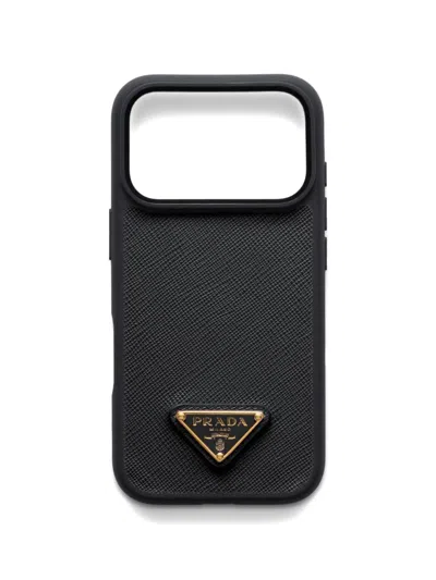 Prada Enameled Metal Triangle Leather Iphone 17 Pro Max Phone Case In Brown