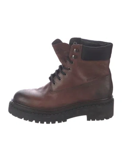 Pre-owned Prada Enameled Metal Triangle Leather Lace-up Boots In Brown