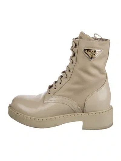 Pre-owned Prada Enameled Metal Triangle Leather Lace-up Boots In Neutrals