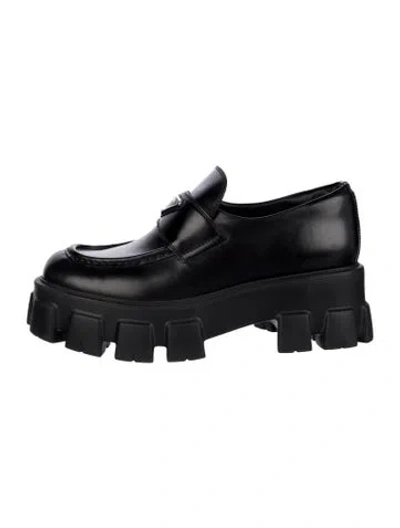 Pre-owned Prada Enameled Metal Triangle Leather Loafer Sneakers In Black